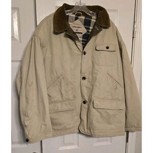 High Sierra Mens Large Tan Vintage Chore Barn Coat Jacket Corduroy Collar Stains